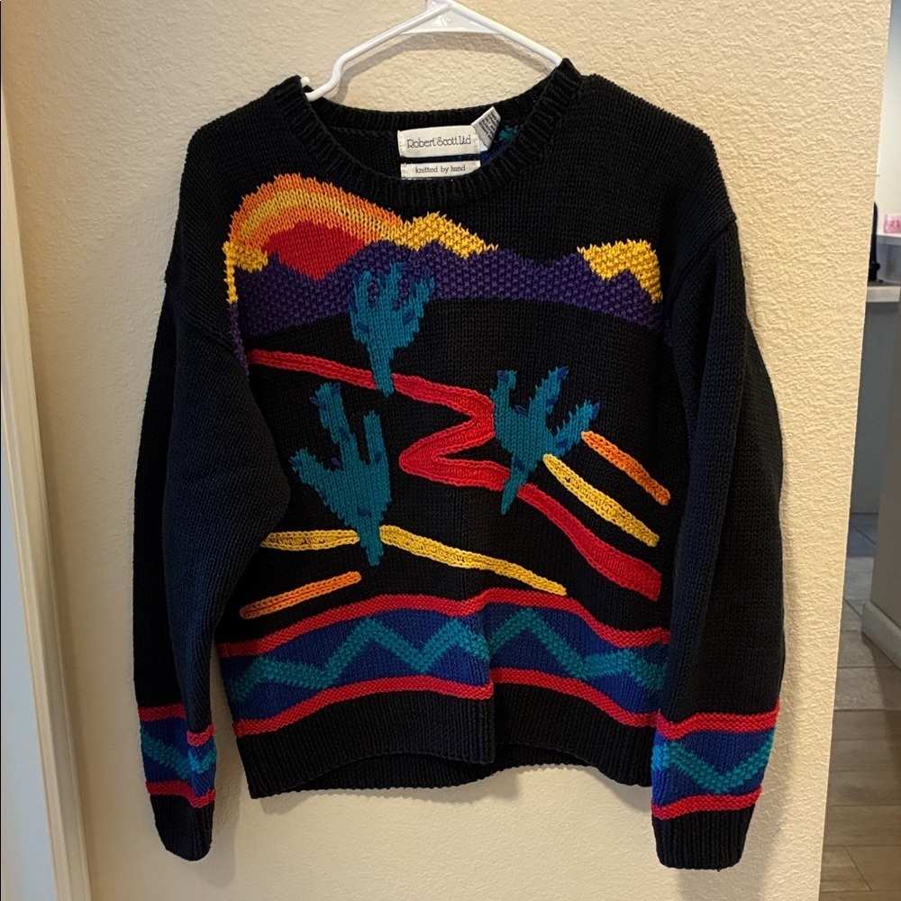 Robert Stock Women's Black Sweater with Vibrant Desert Design